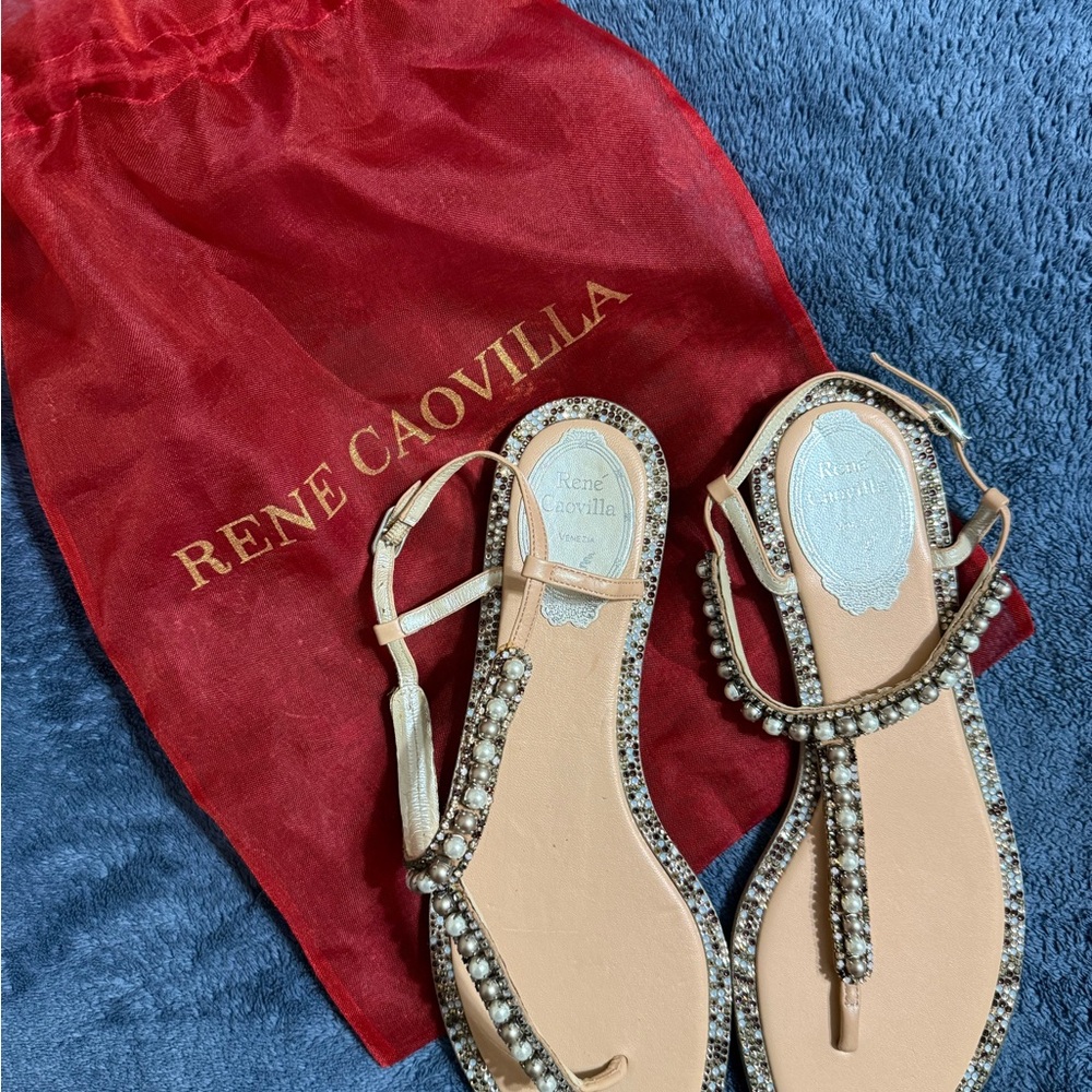Rene Caovilla Silver and Cream Embellished Sandals